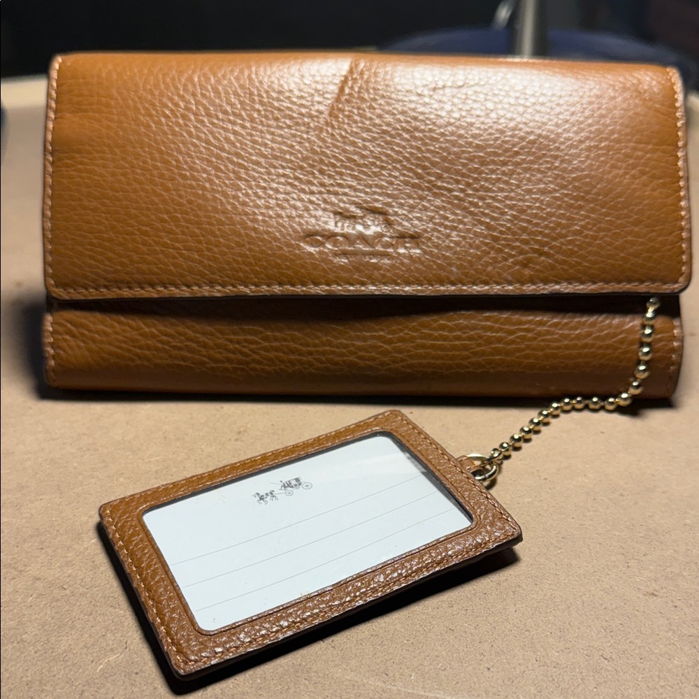 Coach Brown Pebbled Leather Wallet with ID Tag